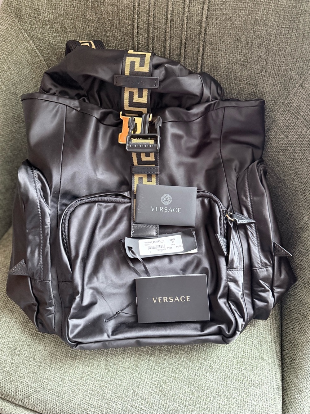 *NWT* Versace Black Backpack with Gold Accent Logo Strap.